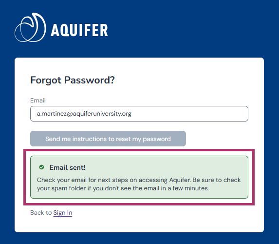 AQFR New Sign In - Reset Password Email Sent Confirmation