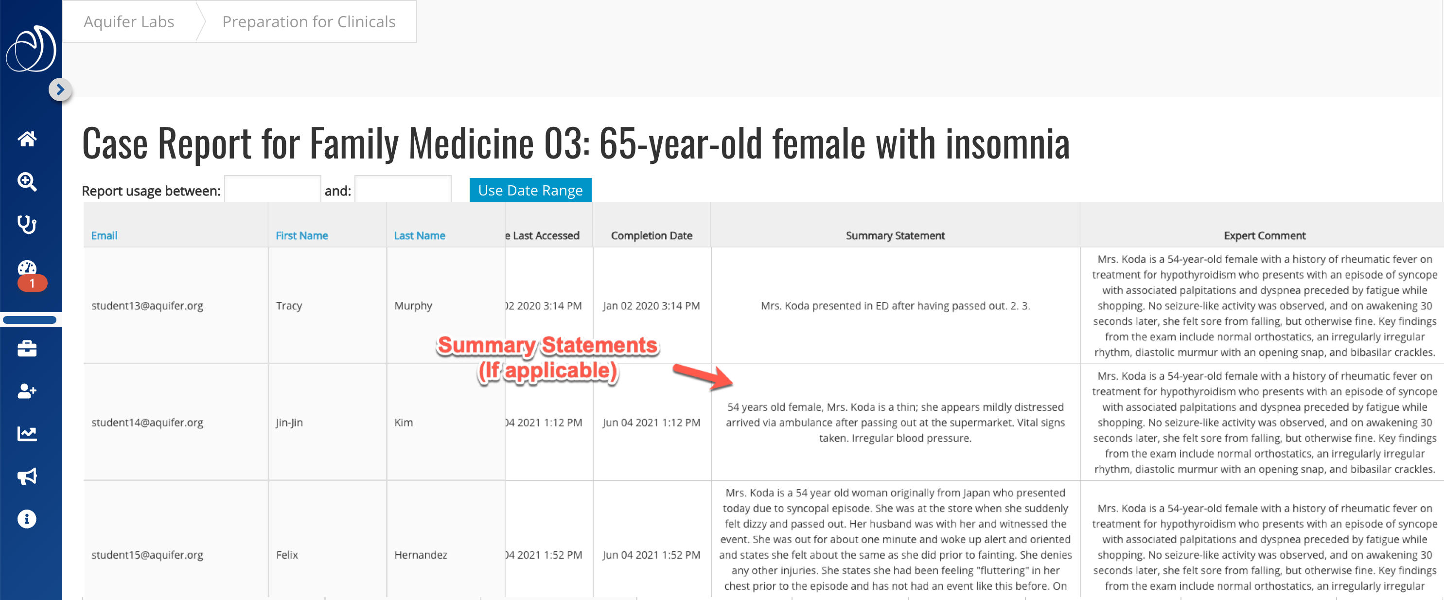 Case Detail Report with summary statements