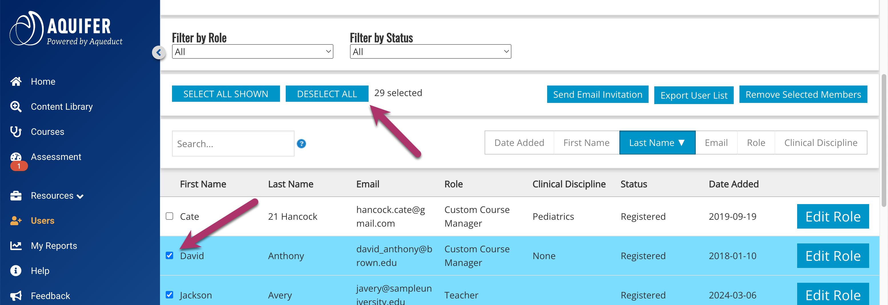 Selecting and deselecting administrative users