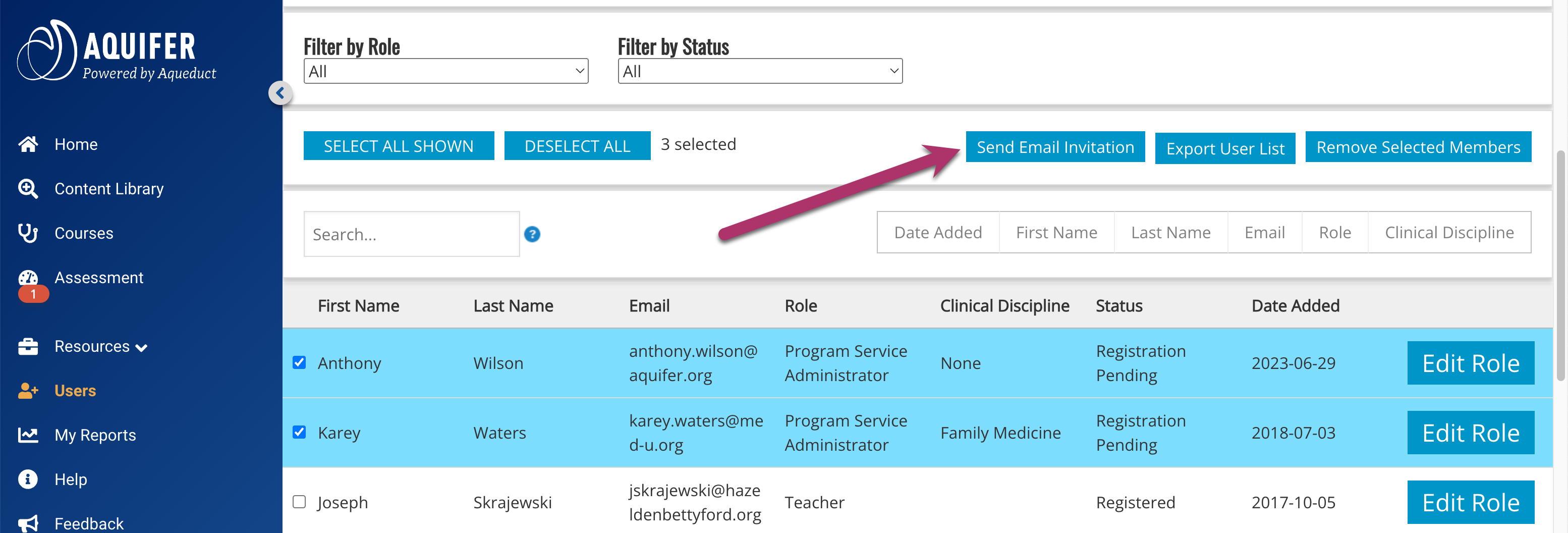 Select and Send Admin Email Invitation