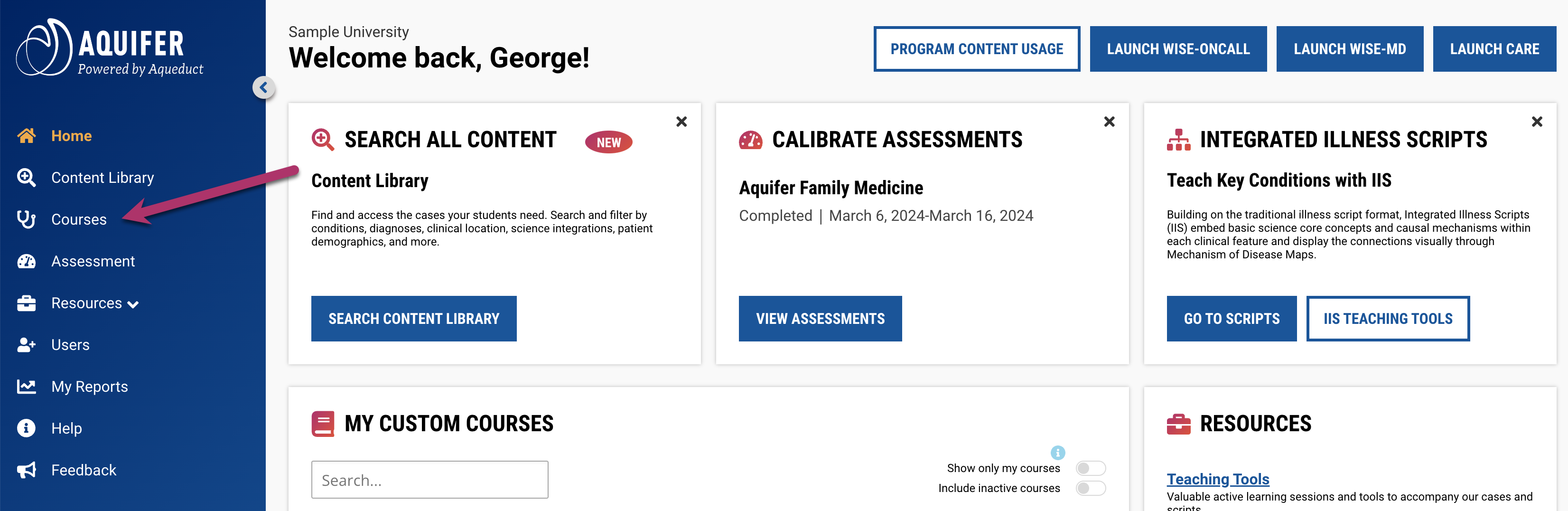 Select Course page from home page